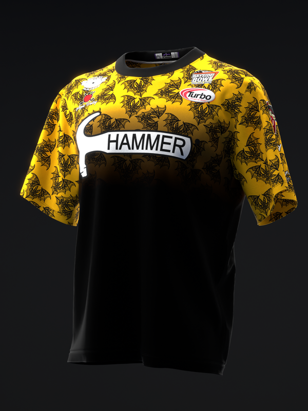 Black and yellow bowling jersey with Hammer text and lace bat pattern front view