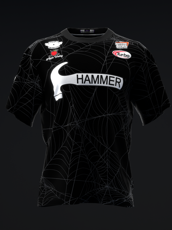 Black bowling jersey with white spider web pattern and Hammer logo on front