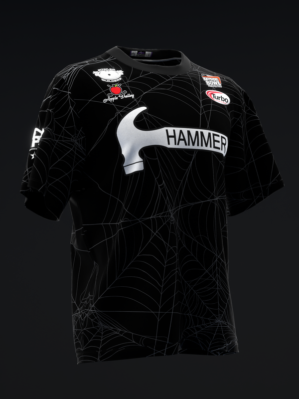 Black bowling jersey with spider web pattern and white hammer graphic, front view