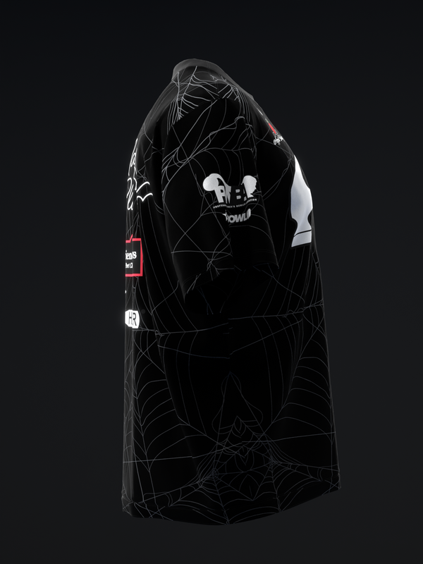 Black bowling jersey with white spider web graphic pattern throughout