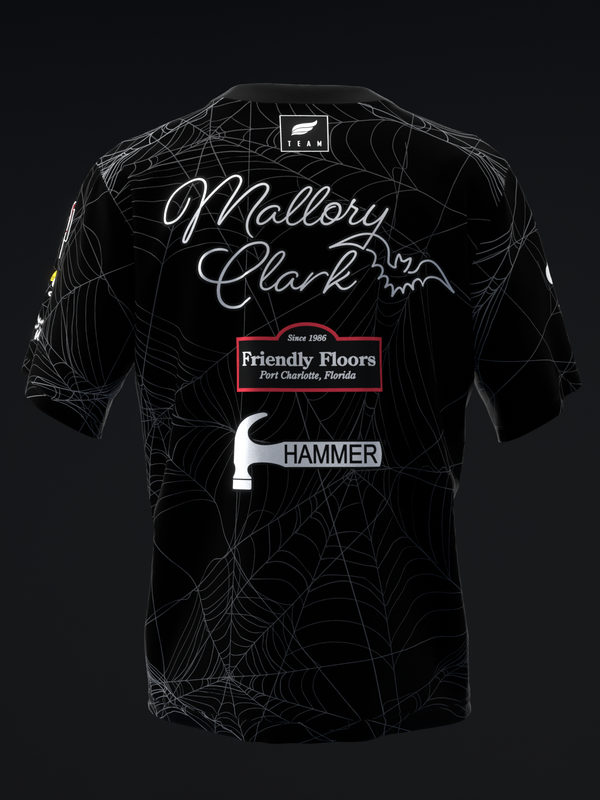 Black bowling jersey with white spider web pattern and sponsor graphics on back