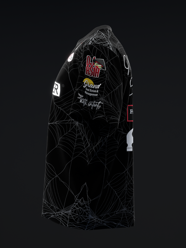 Black bowling jersey with white spider web pattern and red text logos