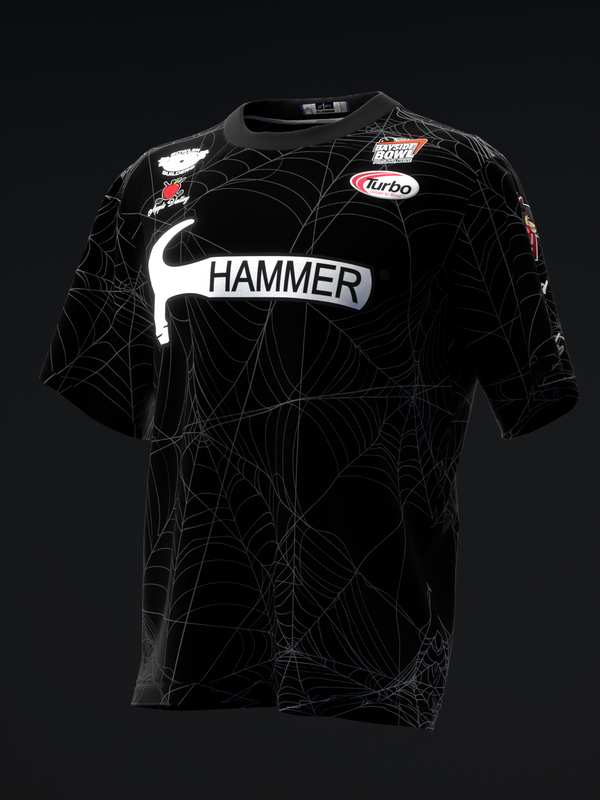 Black bowling jersey with spider web pattern and Hammer logo on front