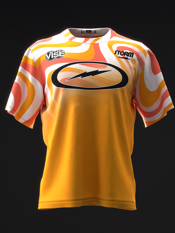 Gold bowling jersey with orange and white swirl pattern on sleeves, front view