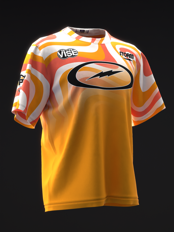 Yellow and orange bowling jersey with abstract swirl pattern and black oval logo on front