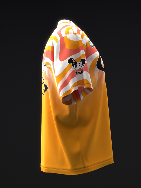 Gold bowling jersey with red, white, and yellow curved stripe design on chest