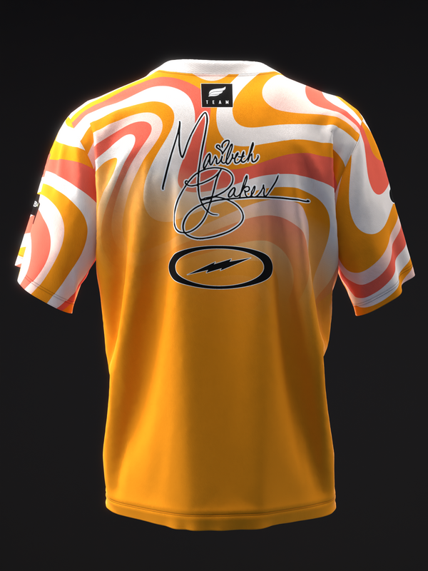 Gold bowling jersey with orange and white swirled sleeves and signature graphics front view