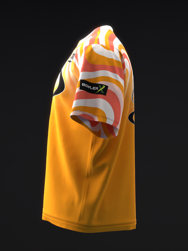 Gold bowling jersey with red, white, and yellow striped sleeve graphic, side view