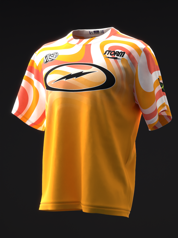 Yellow bowling jersey with orange and white swirl pattern and black logo detail, front view