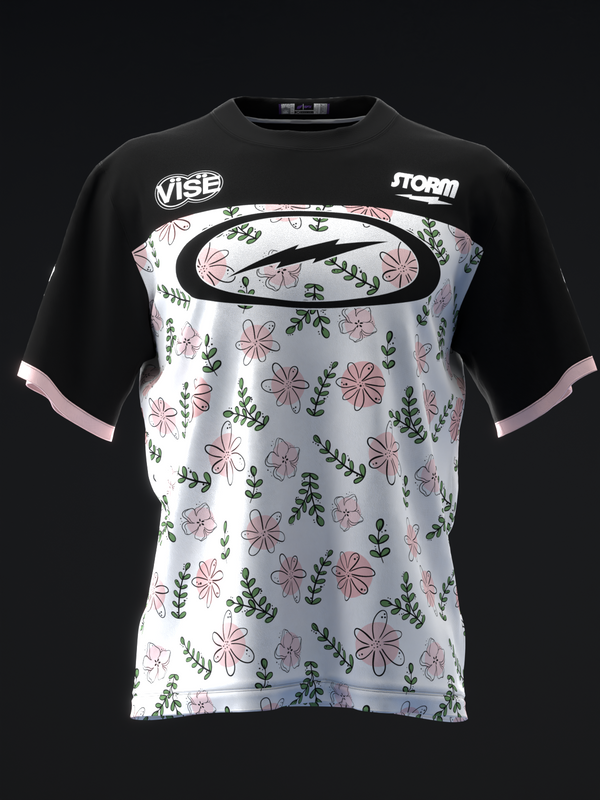 Black and white bowling jersey with pink floral and green leaf pattern, front view