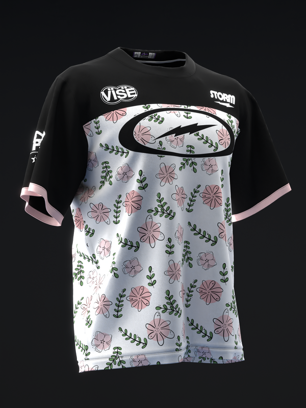 Black and white bowling jersey with pink and green floral pattern, front view