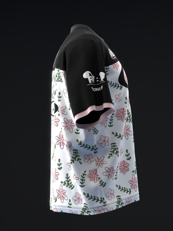Light gray bowling jersey with pink and green floral pattern, front view