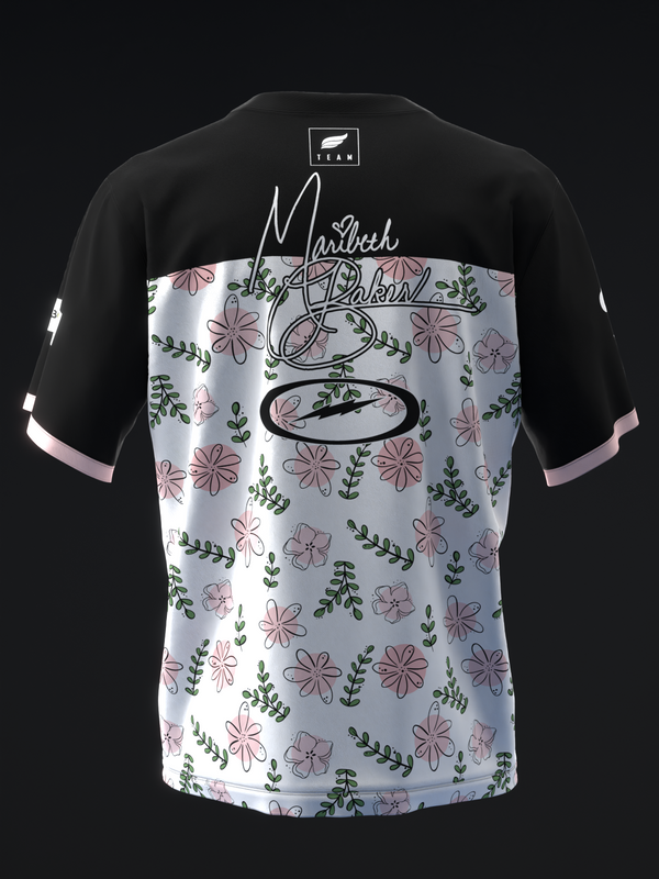 Black and white bowling jersey with pink floral pattern and script text, back view