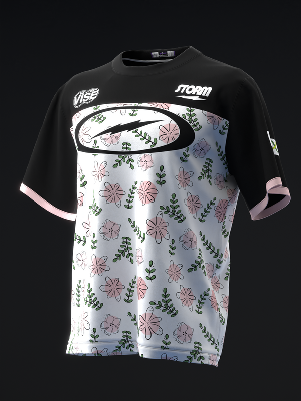 Black and white bowling jersey with pink floral and green leaf pattern