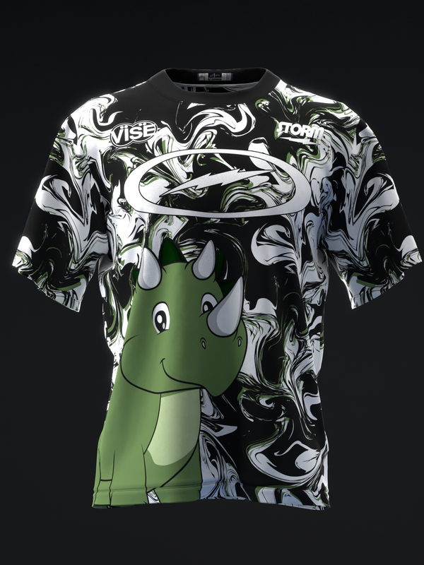 Black and white marbled bowling jersey with green cartoon goose graphic on front