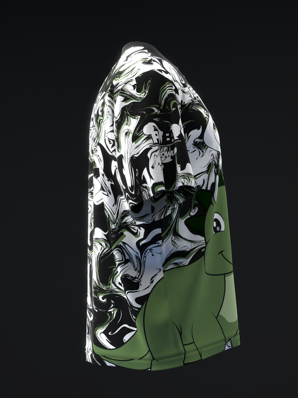 Bowling jersey with green side panels and black and white swirled graphic on front