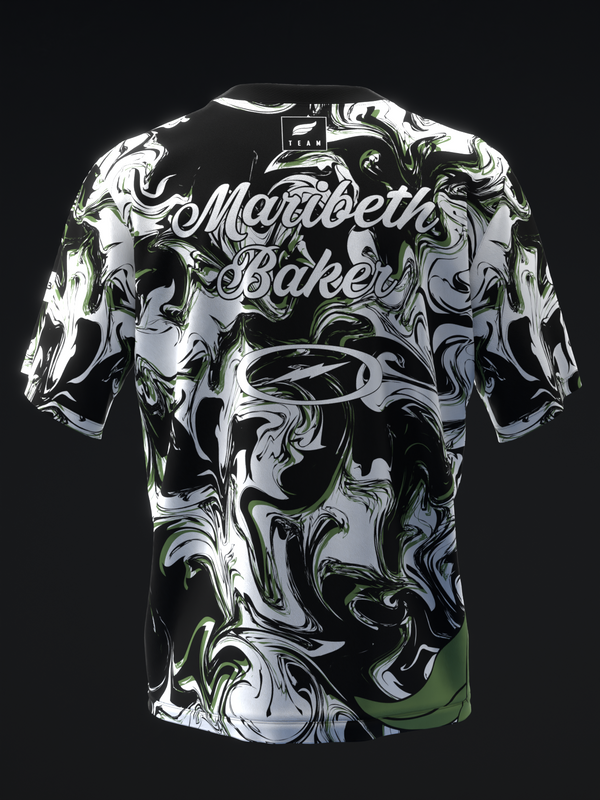Black and white marbled bowling jersey with script text and graphic design