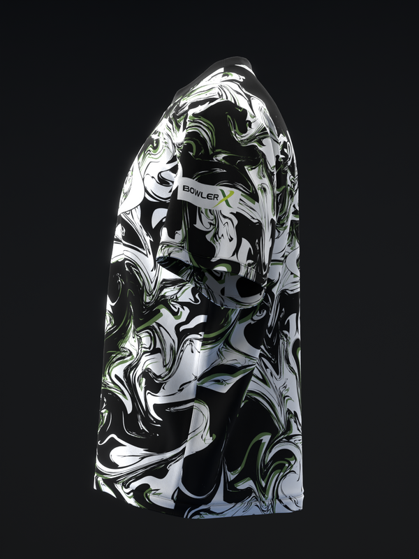 Black, white, and green abstract swirled bowling jersey front view