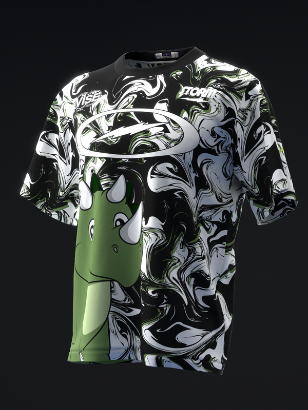 Black and white marbled bowling jersey with green goose mascot graphic, front view