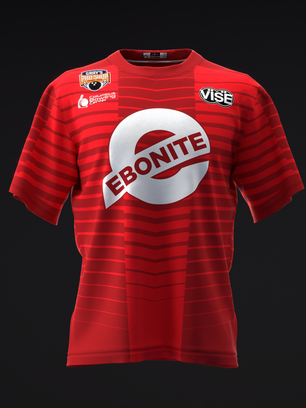 Red bowling jersey with horizontal stripes and Ebonite logo front view