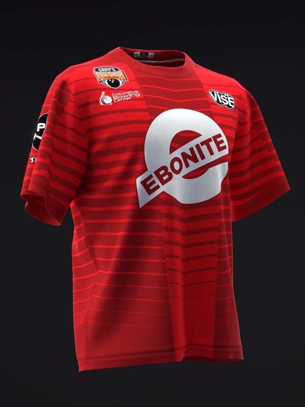 Red striped bowling jersey with Ebonite logo and sponsor patches on front