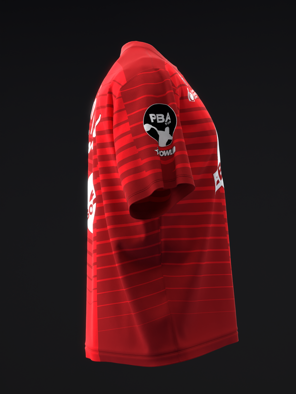 Red bowling jersey with horizontal stripes and PBA logo on chest