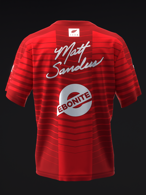 Red bowling jersey with horizontal stripes and Ebonite logo on back