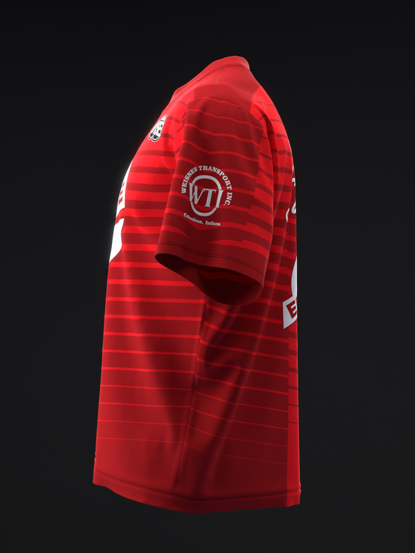 Red and darker red striped bowling jersey displayed from the side view