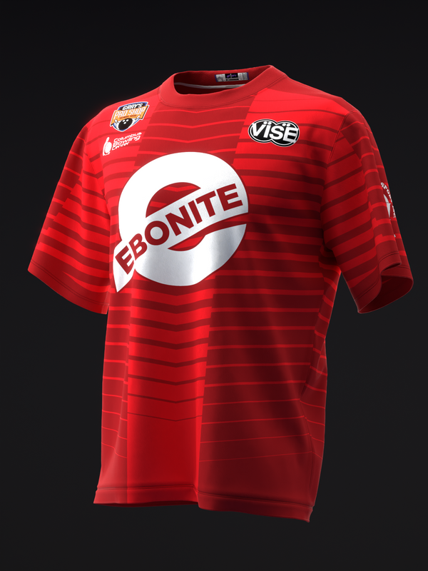 Red bowling jersey with horizontal stripes and large Ebonite logo on front