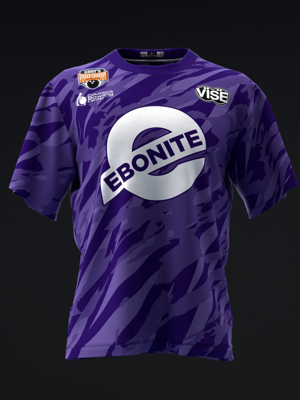 Purple bowling jersey with Ebonite logo and geometric camo pattern, front view