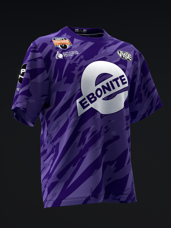 Dark purple bowling jersey with Ebonite logo and abstract pattern design, front view