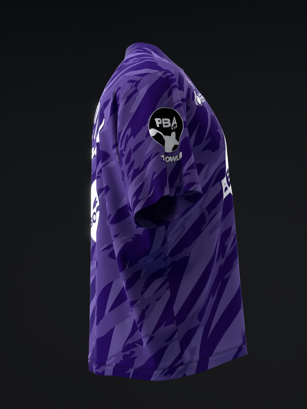 Purple bowling jersey with abstract brushstroke pattern and PBA logo, side view