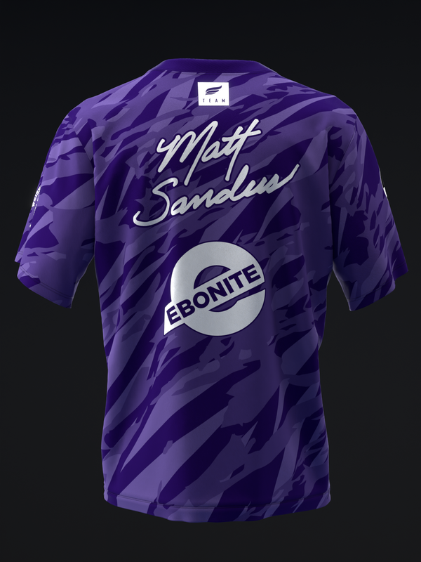 Purple camo bowling jersey with Matt Sanders script and Ebonite logo
