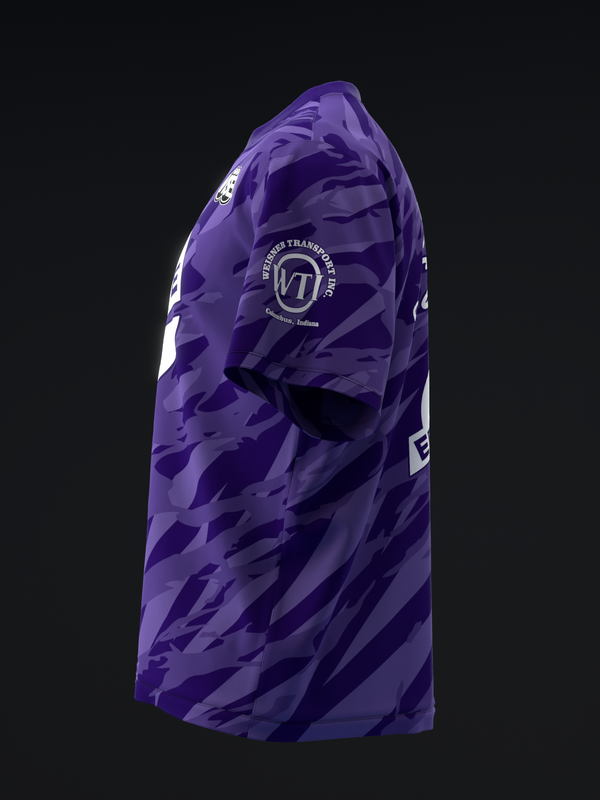 Purple camouflage bowling jersey with circular logo graphic and white accents