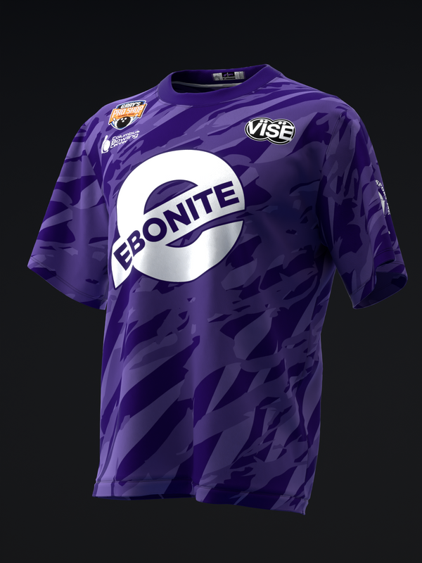 Purple bowling jersey with Ebonite logo and geometric pattern design, front view