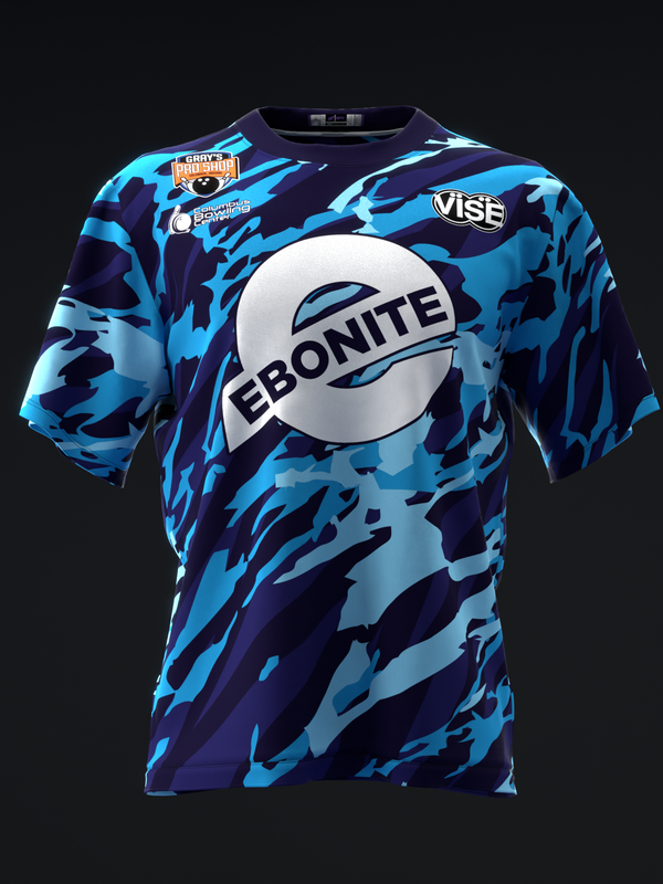 Blue and purple camouflage bowling jersey with Ebonite circle logo front