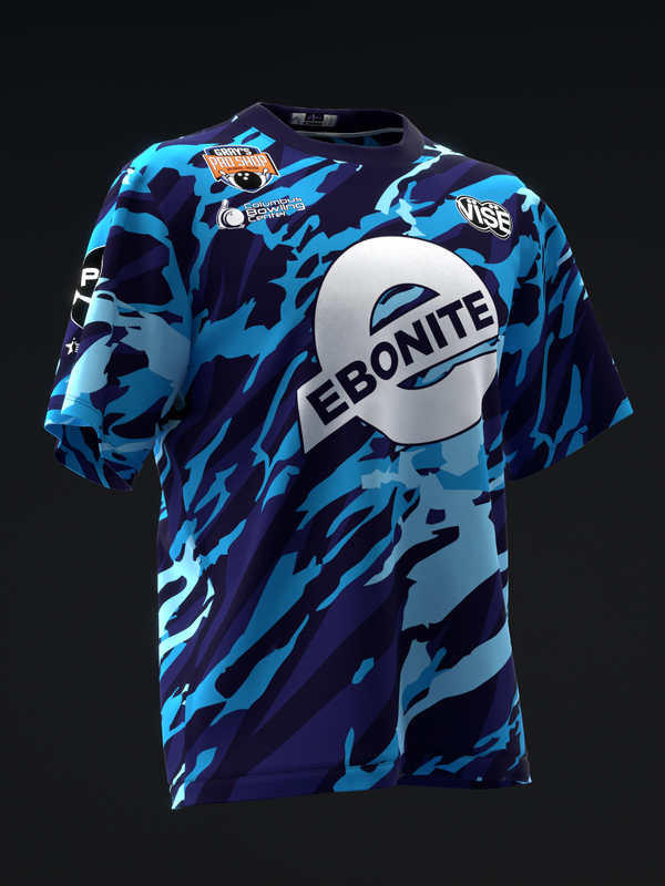 Front view of bowling jersey with blue camo pattern and Ebonite logo circle