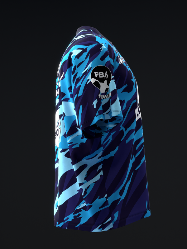 Blue and navy abstract camo bowling jersey with PBA logo, side view