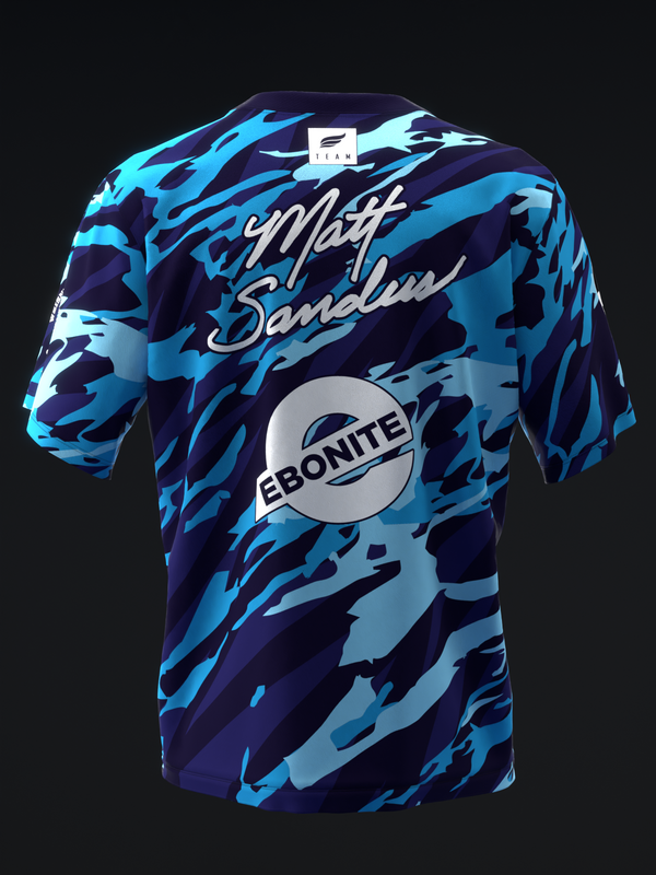 Front view of bowling jersey with blue and purple camo pattern and graphic text