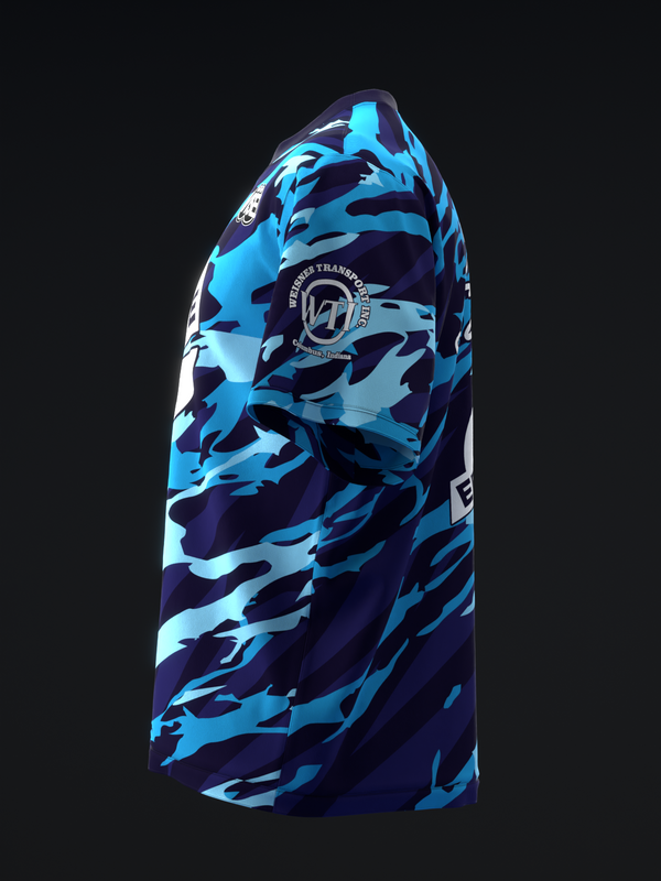 Blue and navy camo bowling jersey with circular chest logo, side view