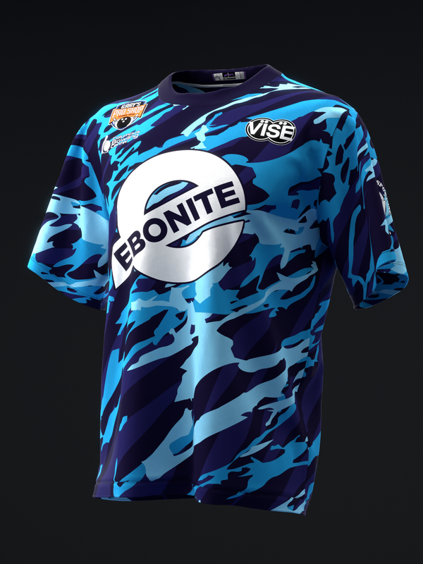 Blue and purple camouflage bowling jersey with large Ebonite logo circle