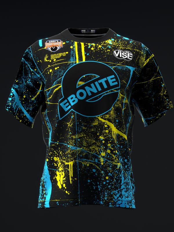 Black bowling jersey with cyan and yellow splatter pattern and Ebonite logo front view
