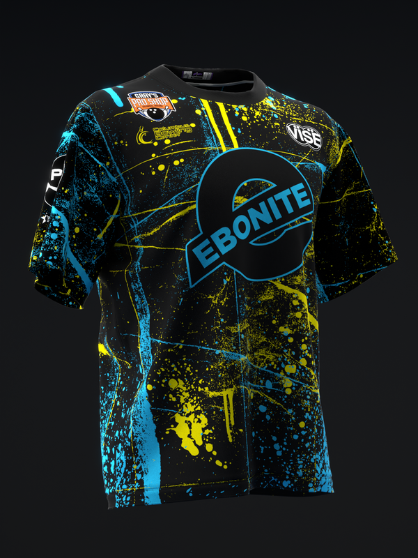Black bowling jersey with cyan and yellow splatter design and Ebonite logo