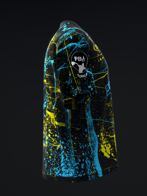 Black bowling jersey with cyan and yellow paint splatter design, front view