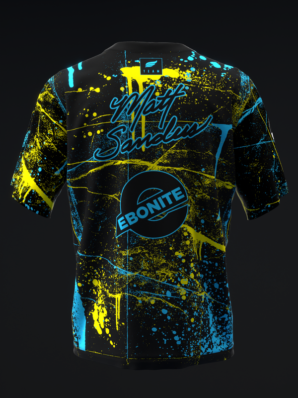 Black bowling jersey with cyan and yellow splatter design and script text