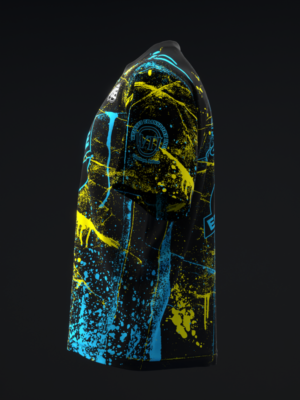 Black bowling jersey with cyan and yellow splatter paint design and logo