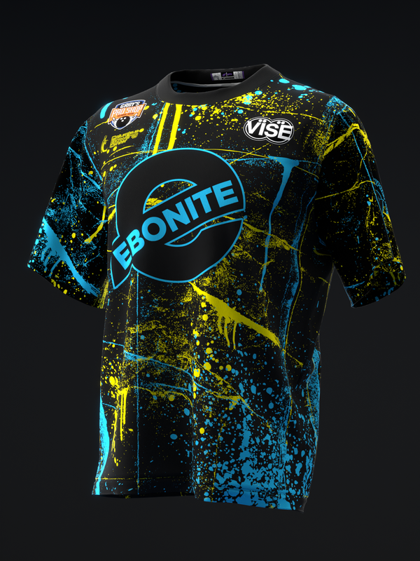 Black bowling jersey with cyan and yellow splatter pattern and Ebonite logo