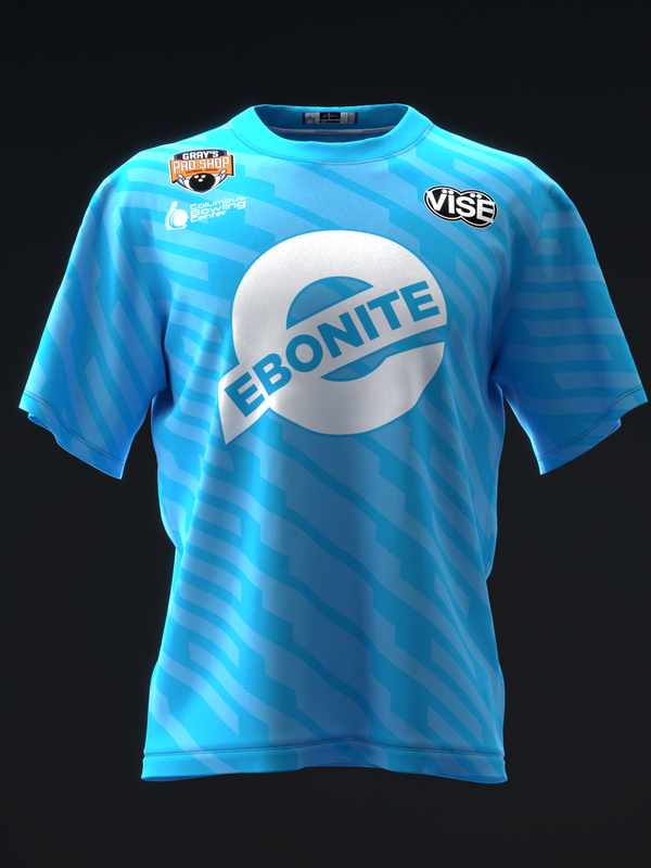 Bright blue bowling jersey with diagonal stripe pattern and Ebonite logo front view