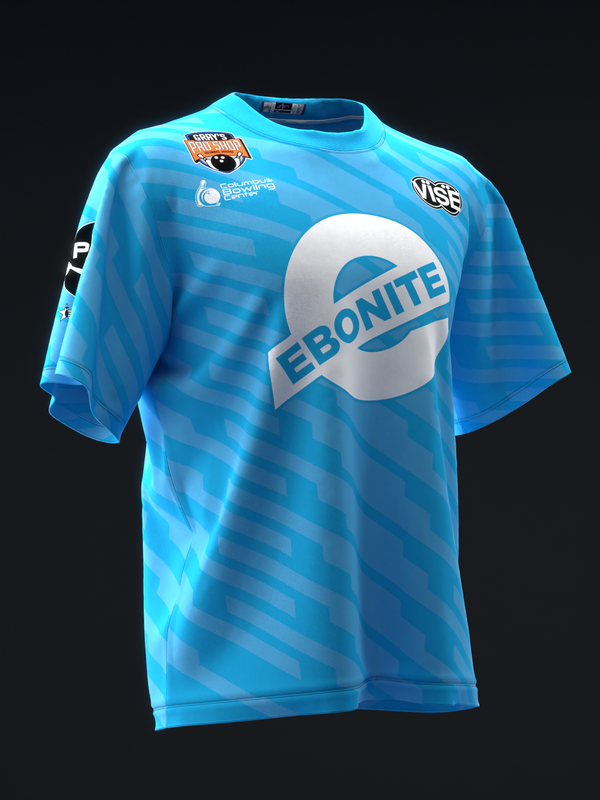 Bright blue bowling jersey with diagonal stripe pattern and large Ebonite logo front center