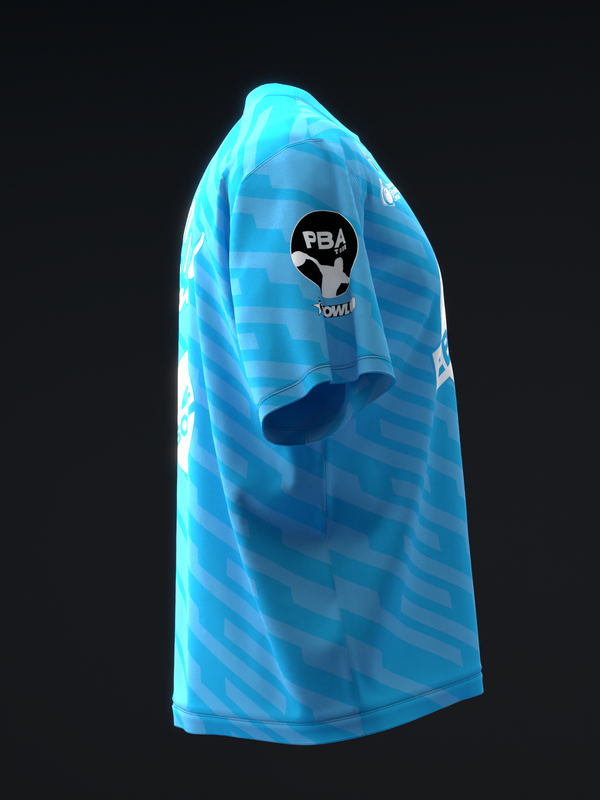 Light blue bowling jersey with horizontal stripe pattern and PBA logo graphic on chest